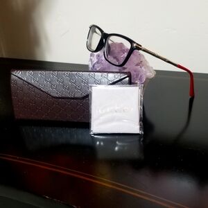 Gucci Silver Metal Bamboo Black and Red Prescription Eyeglasses.
